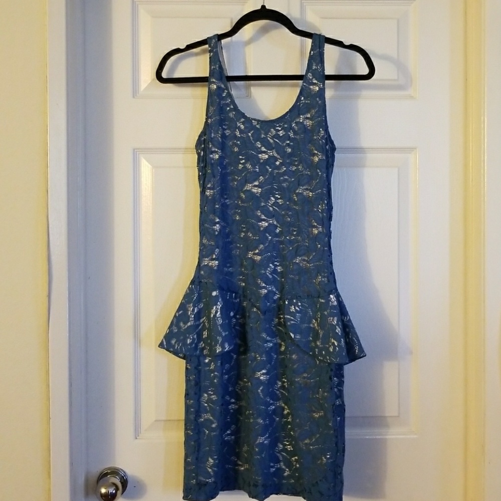 Betsy Johnson teal blue lace peplum  dress